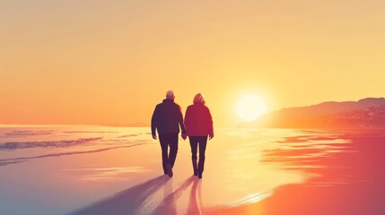 Fototapeta premium Happy senior man and woman old retired couple walking a beach at sunset