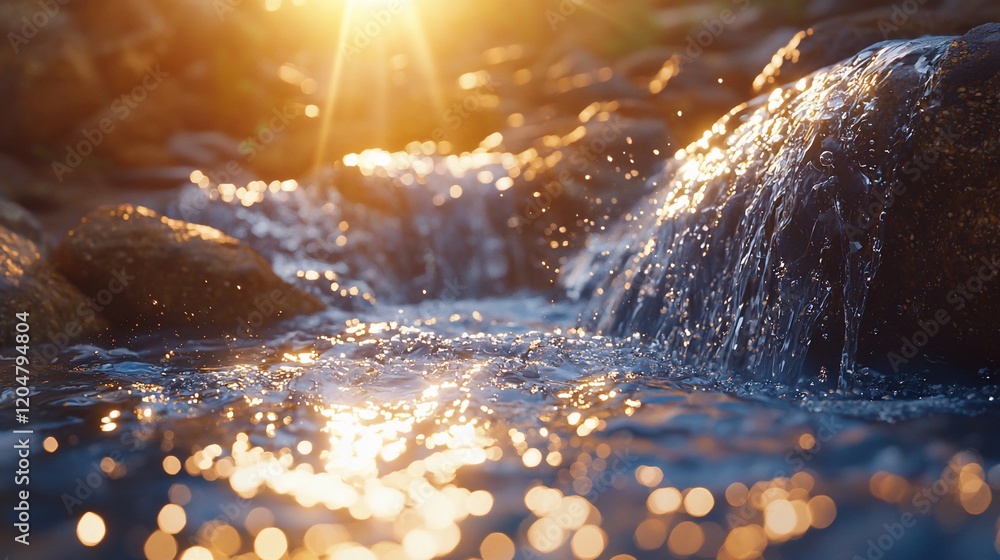 Poster golden sunset light illuminating a cascading stream over rocks.