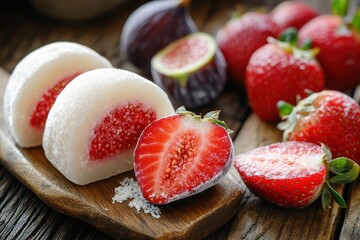 Tasty mochi topped with strawberries and figs on a wooden table zoomed in