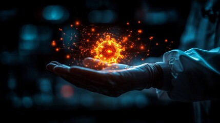 Doctor Holding Glowing Virus Symbol in Virtual Space