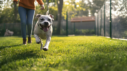 A person playing fetch with a dog in the backyard.