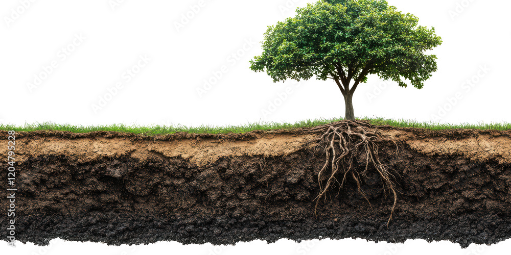 Wall mural lush green tree with extensive root system soil layers cross section view of nature on transparent b