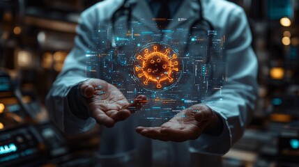 Obraz premium Doctor Holding Luminous Virus Symbol in Modern Lab Setting