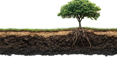 Lush Green Tree with Extensive Root System Soil Layers Cross Section View of Nature on transparent background
