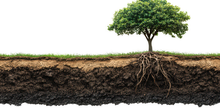 Lush Green Tree with Extensive Root System Soil Layers Cross Section View of Nature on transparent background