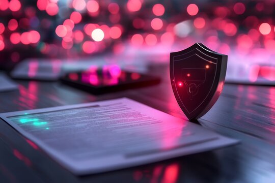 Data security shield protects document; bokeh background; for cybersecurity