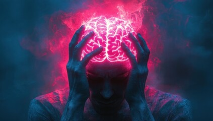 Human Figure with Headache and Illuminated Brain in Neon Colors Surreal Digital Art