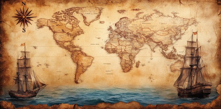 Vintage pirate map with aged paper textures and nautical elements.
