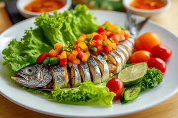Thai mackerel lettuce wrap with spicy sauce and vegetable salad rolls topped with fried mackerel on a white plate Miang Pla Tu