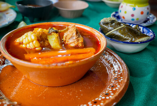 Churipo, Traditional Beef Stew From Michoacan, Mexico, Accompanied by a Corunda