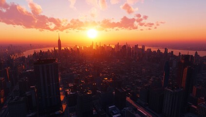 Fototapeta premium Manhattan Skyline at Sunset: A Breathtaking Aerial View