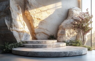 Minimalist Stone Display for Cosmetic Product Promotion in Warm Lighting