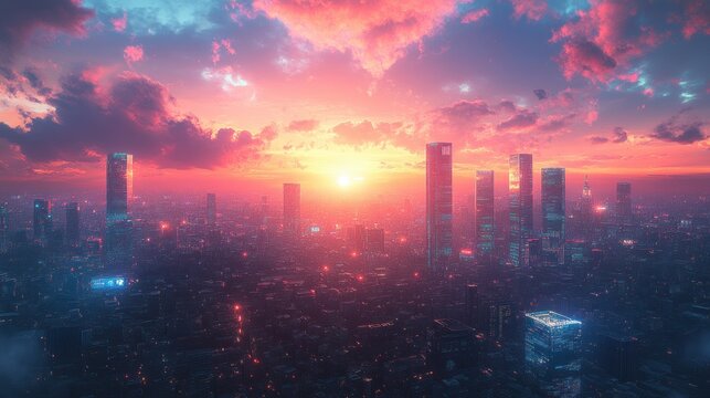 Futuristic City Skyline with Financial Graphs and Data Overlays at Sunset