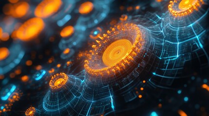 Abstract representation of a network depicted with interconnected orange human icons on a dark blue background