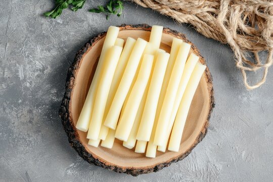 Top down view of organic string cheese on a rustic wooden board against a gray backdrop