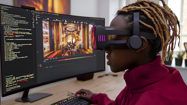 Woman coding VR experience home office
