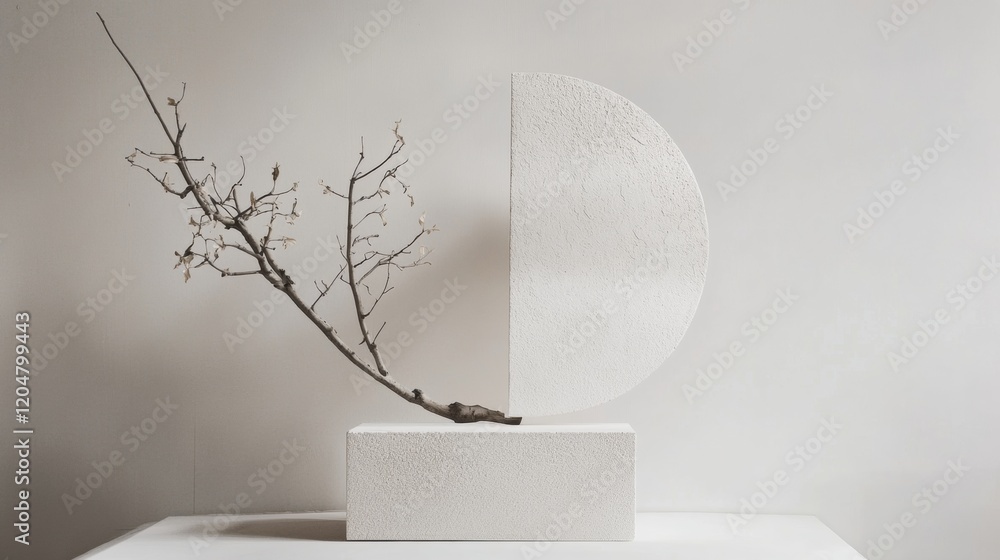 Fototapete minimalist art piece with a circular shape and a branch on a white background in a contemporary spac