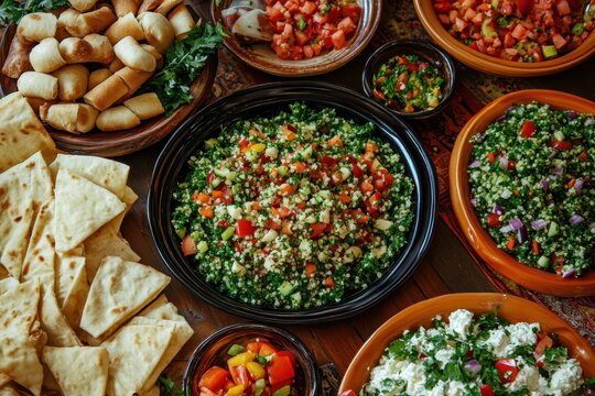 Top view of Lebanese fattouch and tabbouleh salads