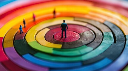 A central blue figure stands on a multicolored target-like surface with concentric circles