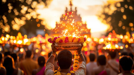 The Light of Faith: A  prayerful moment captured as a devotee raises a glowing plate of offerings, their silhouette framed against a backdrop of flames and the majestic silhouette of a temple at dusk.