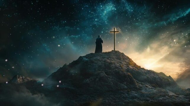 a priest praying in front of a cross on a hill at night, which is very beautiful and amazing. seamless looping time-lapse virtual 4k video Animation Background.	