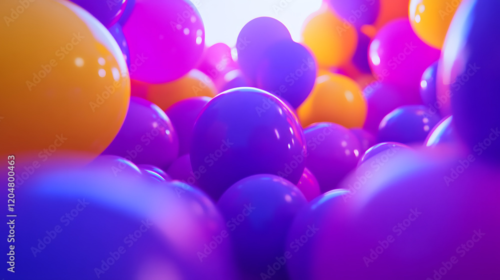 Poster close-up view of vibrant purple and orange balloons, creating a colorful and playful abstract backgr