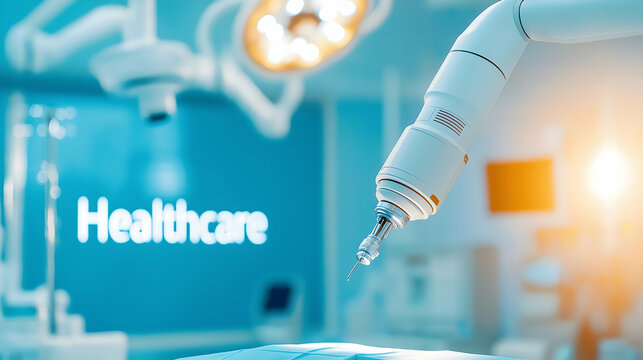 A robotic arm is poised over a surgical table in a modern healthcare setting, highlighting advanced medical technology.