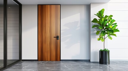 An elegant wooden door stands in a modern interior, complemented by a lush green plant, reflecting a sleek and contemporary aesthetic.