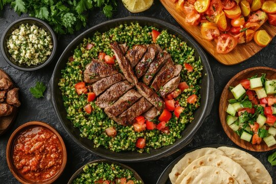 Top view of traditional Lebanese salads fattouch and tabbouleh