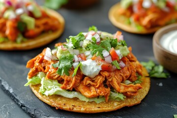 Tostadas Crunchy corn tortilla with chicken tinga lettuce and cotija cheese accompanied by pico de gallo guacamole and crema