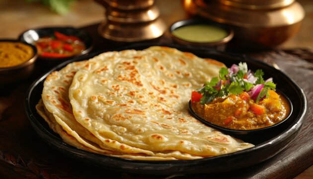 Malabari paratha, layered and crispy, presented alongside a bowl of savory curry and fresh herbs, made for a satisfying Iftar during Ramadan