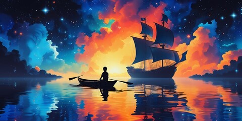 An artistic depiction of a calm sea, glowing sunset, and starry skies, with majestic ships and a contemplative figure in a rowboat, symbolizing adventure and serenity in harmony

