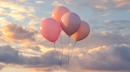 Fototapeta premium Four pastel pink balloons float against a breathtaking sunset sky. Fluffy clouds add to the serene, dreamy atmosphere. Perfect for celebrating life's special moments.