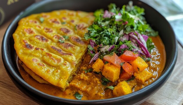 Malabari paratha, layered and crispy, presented alongside a bowl of savory curry and fresh herbs, made for a satisfying Iftar during Ramadan