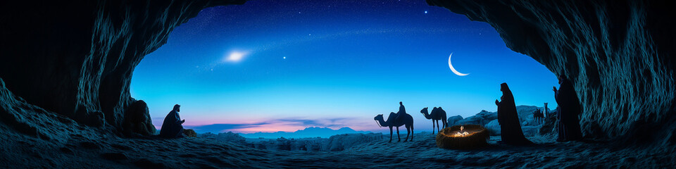 Fototapeta premium Serene Nativity Scene Inside a Cave with Radiant Star, Three Wise Men Approaching Under a Peaceful Starry Night Symbolizing Christ’s Birth