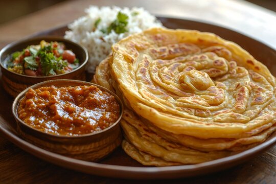 Malabari paratha, layered and crispy, presented alongside a bowl of savory curry and fresh herbs, made for a satisfying Iftar during Ramadan