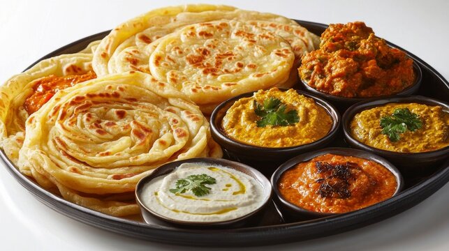 Malabari paratha, layered and crispy, presented alongside a bowl of savory curry and fresh herbs, made for a satisfying Iftar during Ramadan