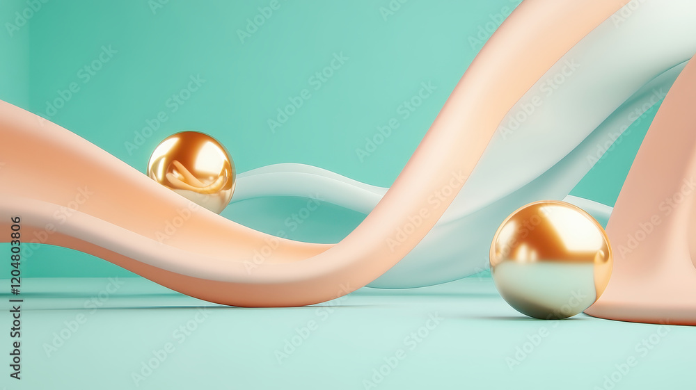 Poster abstract shapes in soft pastel colors with golden spheres create serene and modern aesthetic. flowin