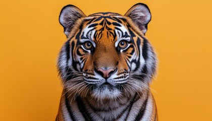 Fototapeta premium Close-up Portrait of a Fearsome Saber-Toothed Tiger Roaring on Yellow Background