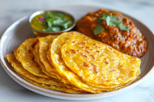 Malabari paratha, layered and crispy, presented alongside a bowl of savory curry and fresh herbs, made for a satisfying Iftar during Ramadan