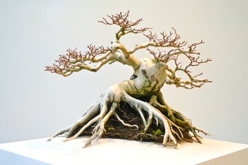 Fototapeta premium Intricate bonsai tree sculpture with bare branches on display, highlighting natural artistry.