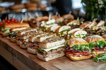 Variety of sandwiches on a wooden board for catering and buffet