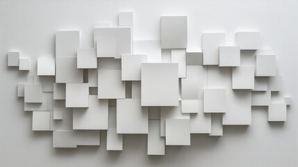 Modern wall art made of geometric shapes in shades of white displayed in a minimalist interior. Generative AI
