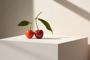 Minimalist Twin Cherries on White Podium, Neutral Background, Natural Light and Shadow. Food Photography.