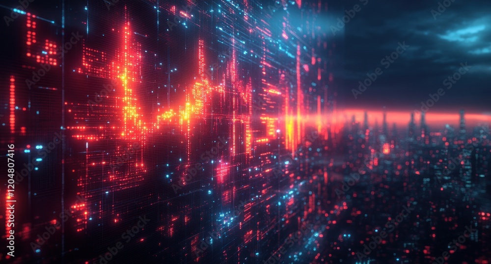 Poster futuristic financial growth chart data visualization with neon colors and dynamic movement for busin