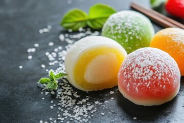 Vibrant Asian mochi treats with a rice dough exterior and fruit filling on a dark concrete surface