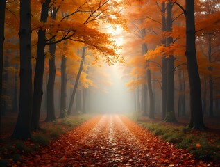 Harmonious autumn picture in colorful beech forest, with path in calm foggy atmosphere