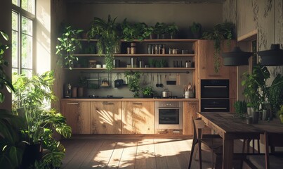 Sunlit Kitchen with Abundant Indoor Plants and Rustic Decor
