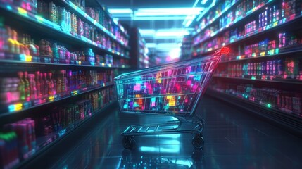A digital, futuristic shopping cart set against a vibrant