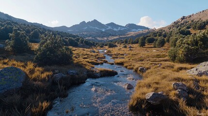 Fototapeta premium Mountain stream flows through autumn valley, sunny day
